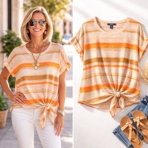 Simply Vera Tie Front Large Striped Orange Beige Lightweight Casual Blouse